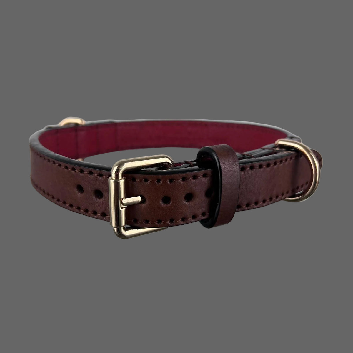 Handmade dark brown full-grain leather dog collar with gold buckle and black edges