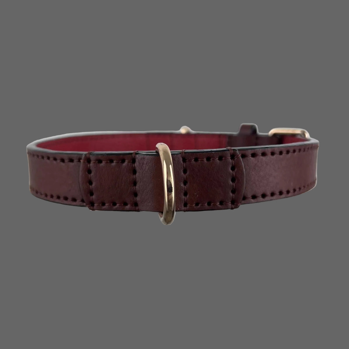 Rear construction of a dark brown full-grain leather dog collar with double D-rings