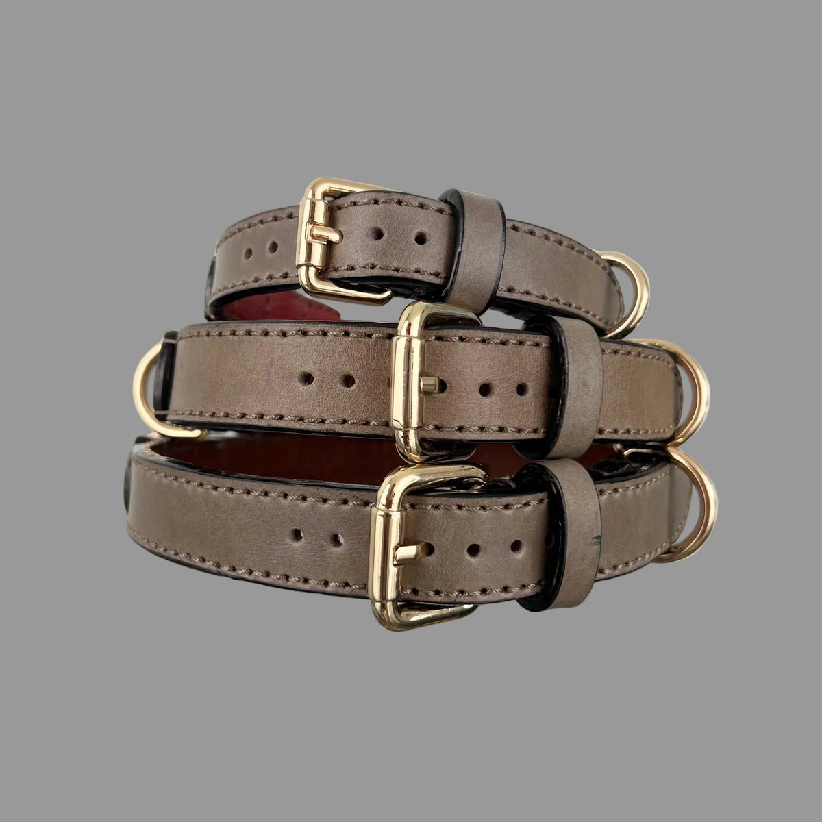 1. Stacked taupe leather dog collars with gold-tone hardware