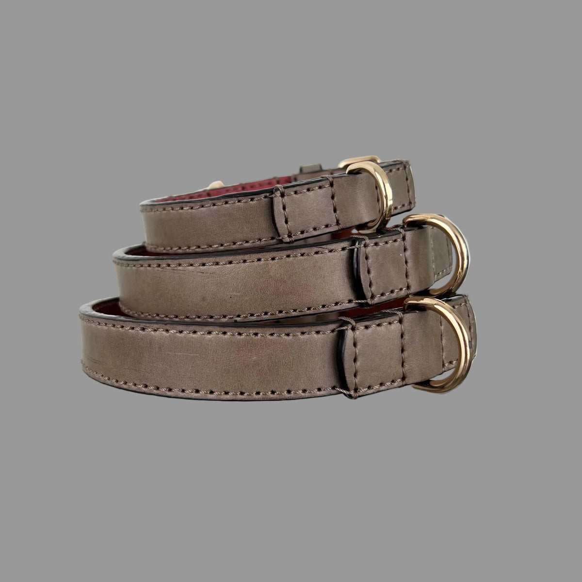 Close-up of gold buckle on taupe full-grain leather dog collar