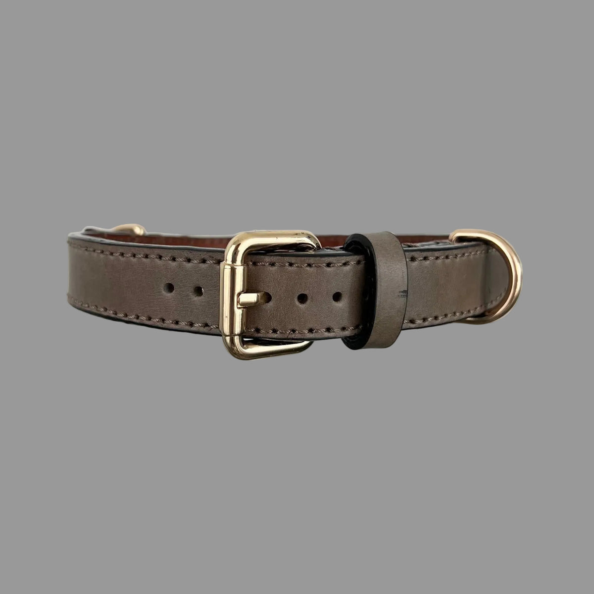 Taupe brown leather dog collar with dual gold-tone D-rings