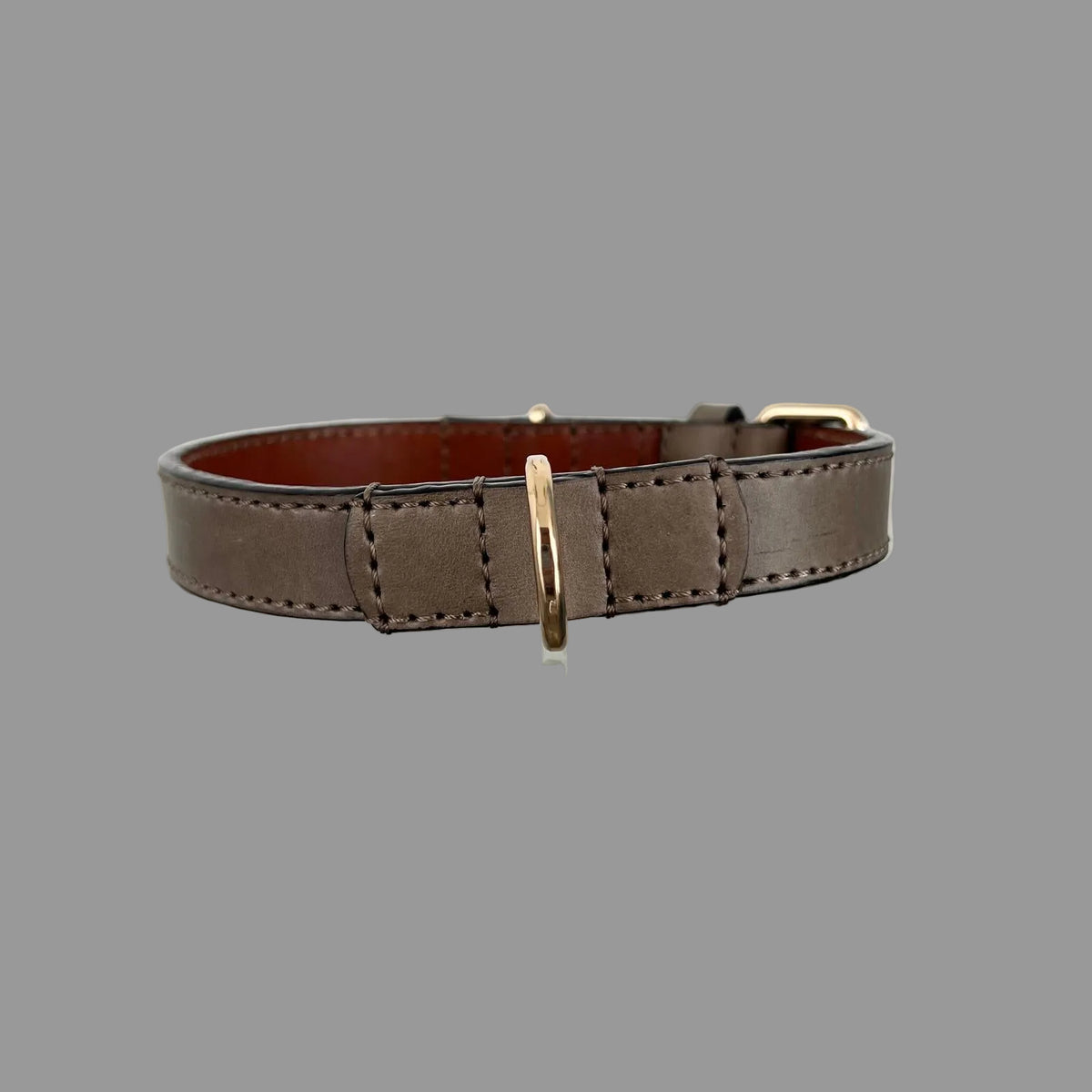 Taupe brown full-grain leather dog collar with gold-tone buckle