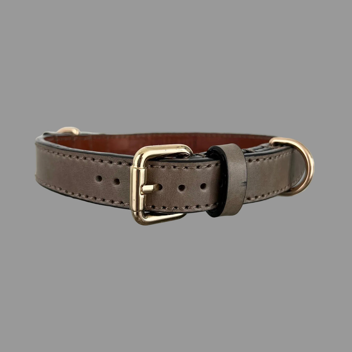 Front view of handmade taupe brown leather dog collar