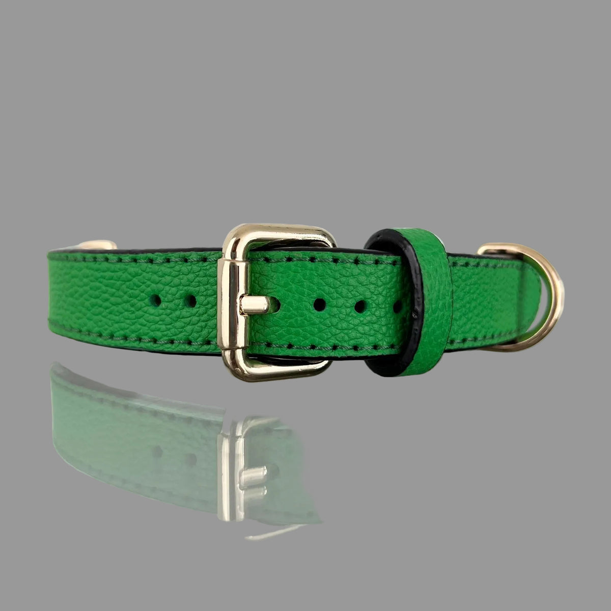 Bright green pebbled leather dog collar with gold-tone D-ring