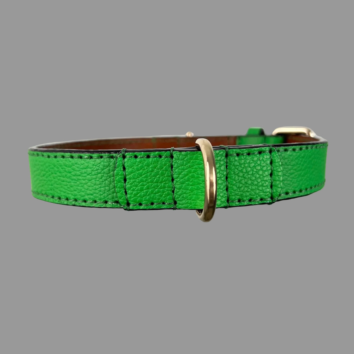 Handmade bright green leather dog collar showing rear D-ring
