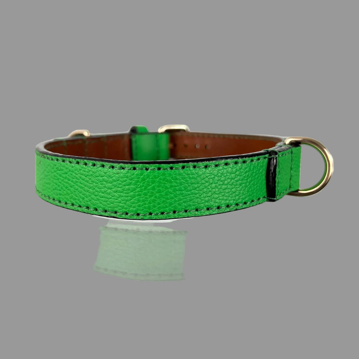 Bright green pebbled leather dog collar with gold-tone buckle