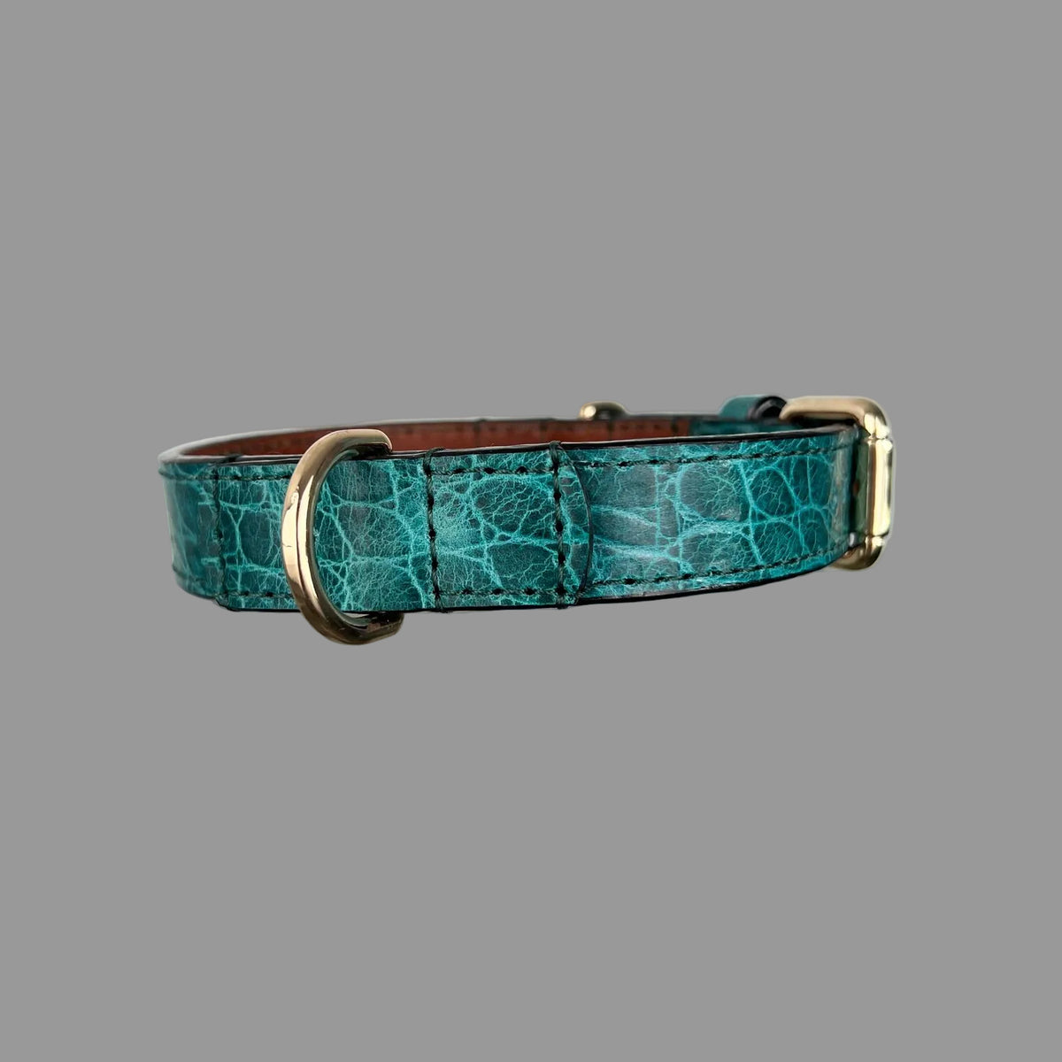 Side view of a teal crocodile-embossed dog collar showing a gold-tone D-ring, reinforced leather and matching hand stitching.