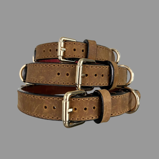 Three Vintage Brown leather dog collars stacked to show gold-tone buckles, brown stitching and dark finished edges.