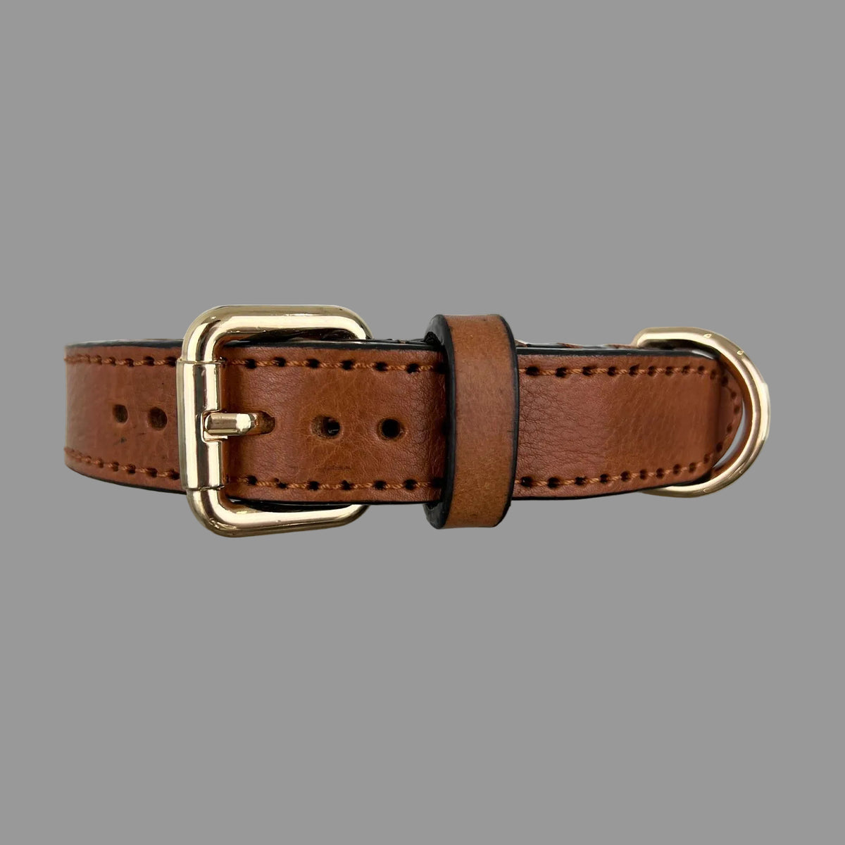 Close-up of the gold-tone buckle, adjustment holes and brown leather keeper on a saddle brown dog collar.