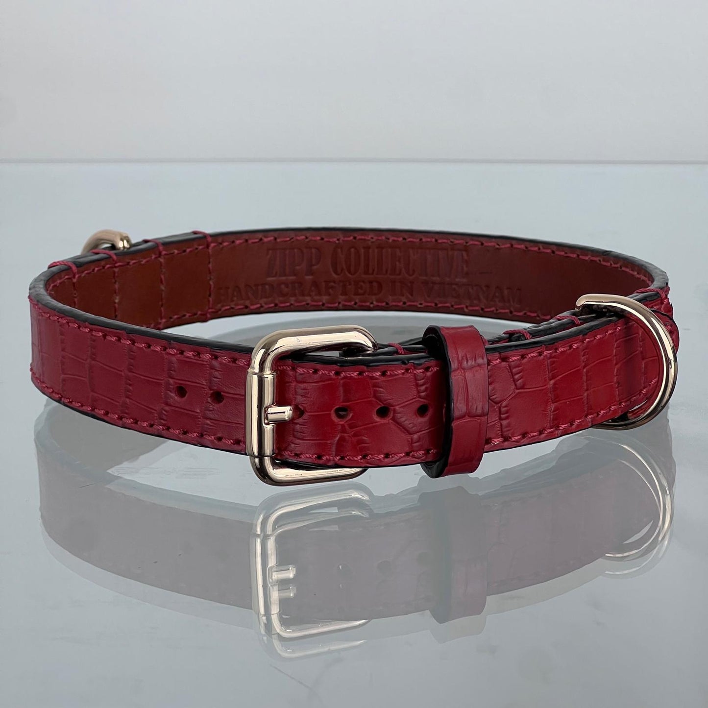 Handmade ruby red croc-embossed leather dog collar with gold-tone hardware
