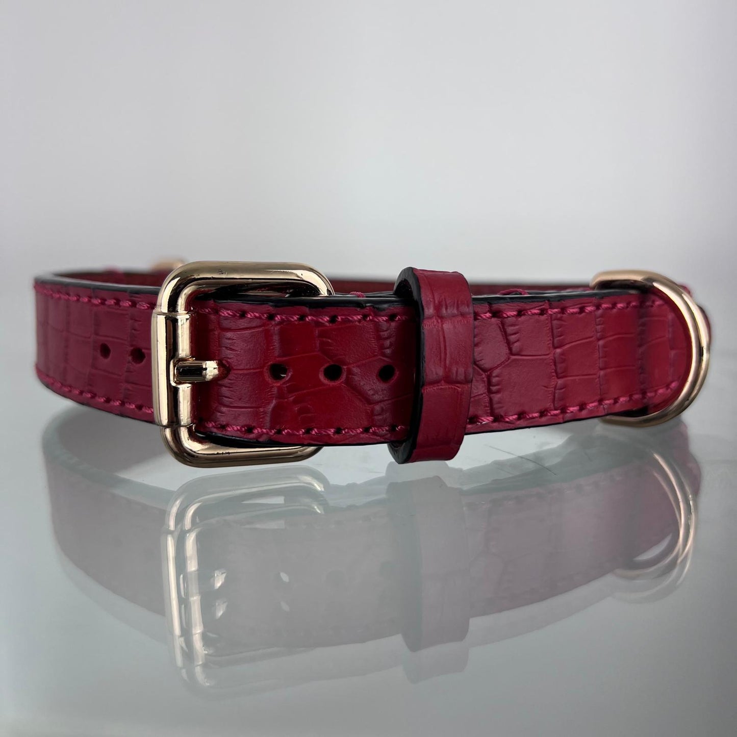 Handmade ruby red croc-embossed leather dog collar with gold-tone hardware