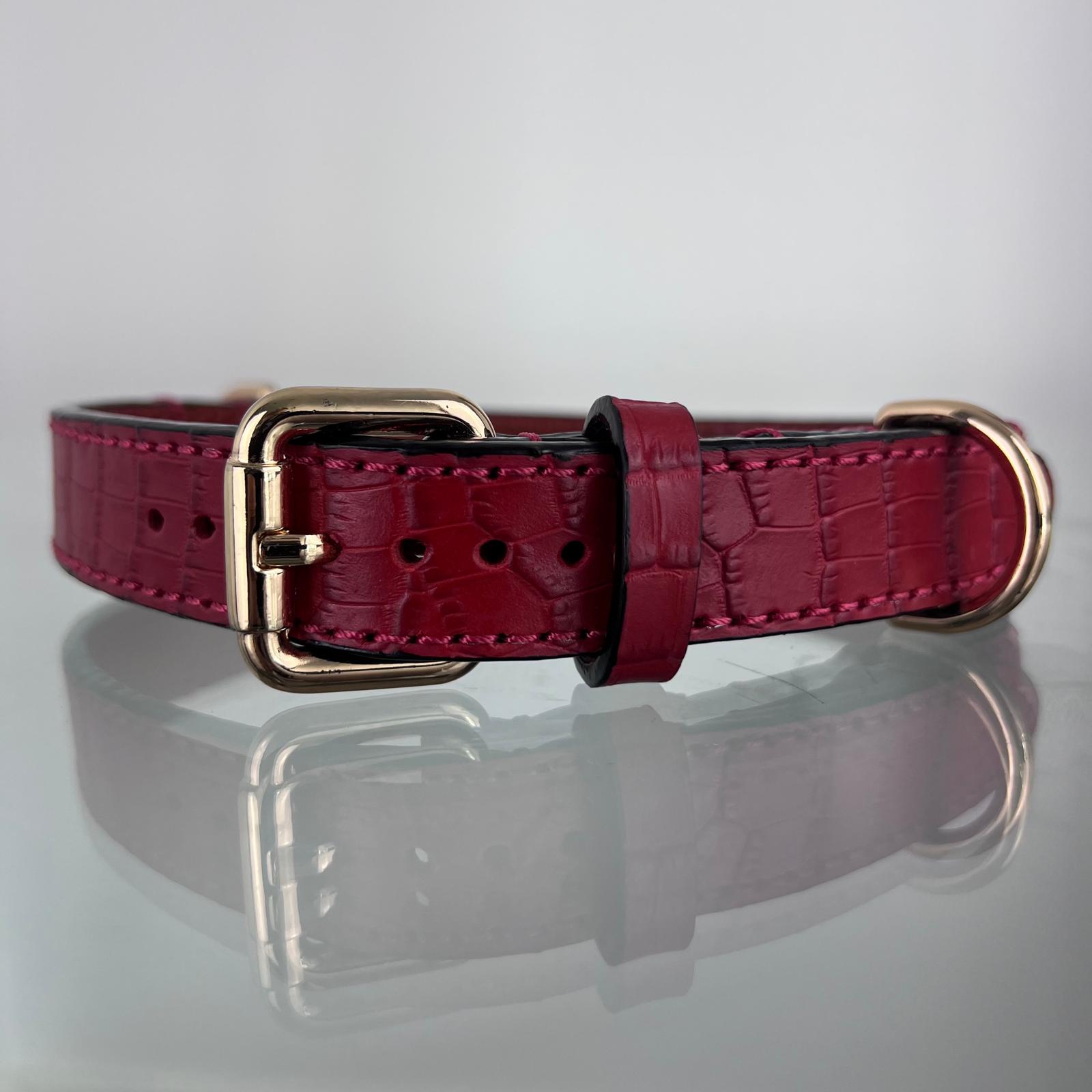 Handmade ruby red croc-embossed leather dog collar with gold-tone hardware