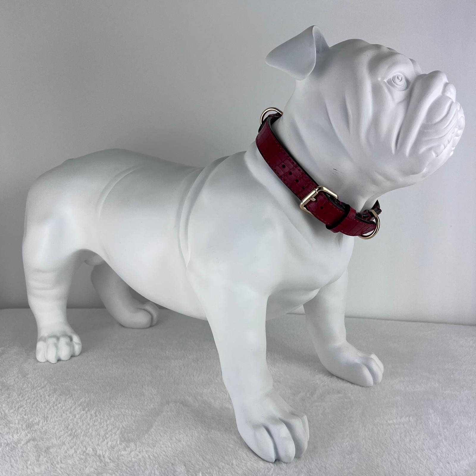 XL ruby red leather dog collar shown on an English Bulldog mannequin