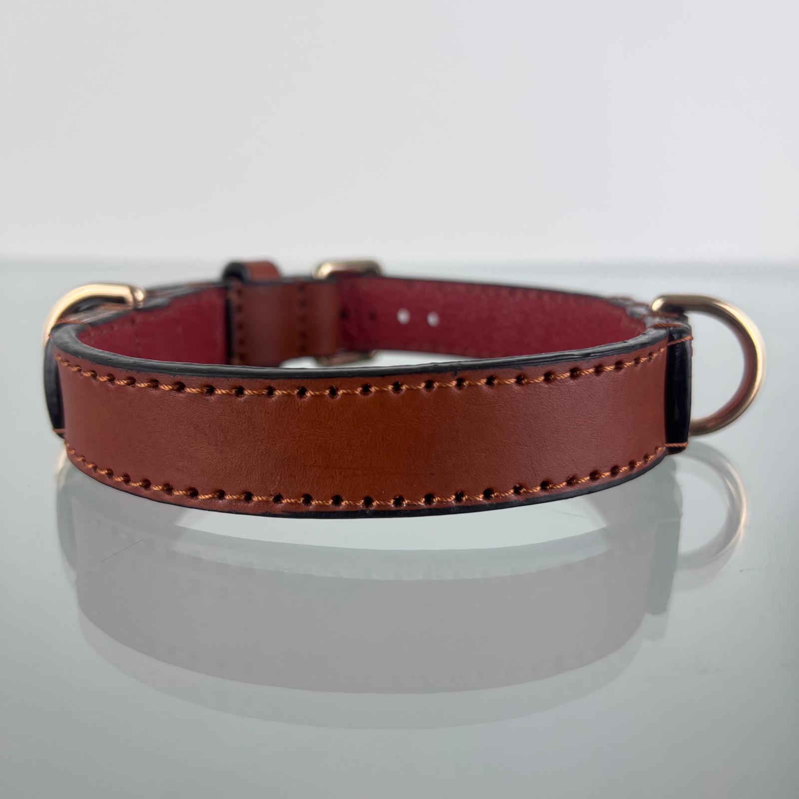 Rear view of a cognac brown leather dog collar showing hand stitching, black edges and two D-rings
