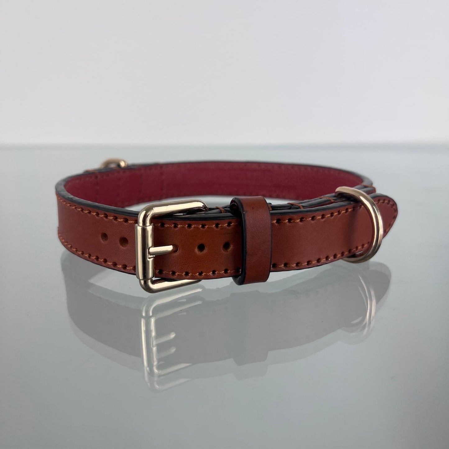 Handmade cognac brown full-grain leather dog collar with gold-tone buckle and double D-ring design