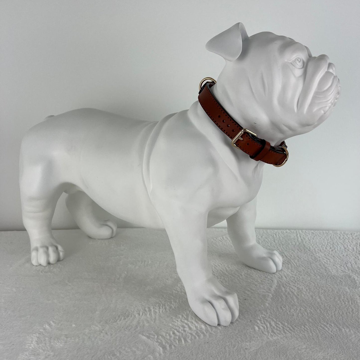 English Bulldog mannequin wearing a size XL cognac brown full-grain leather dog collar