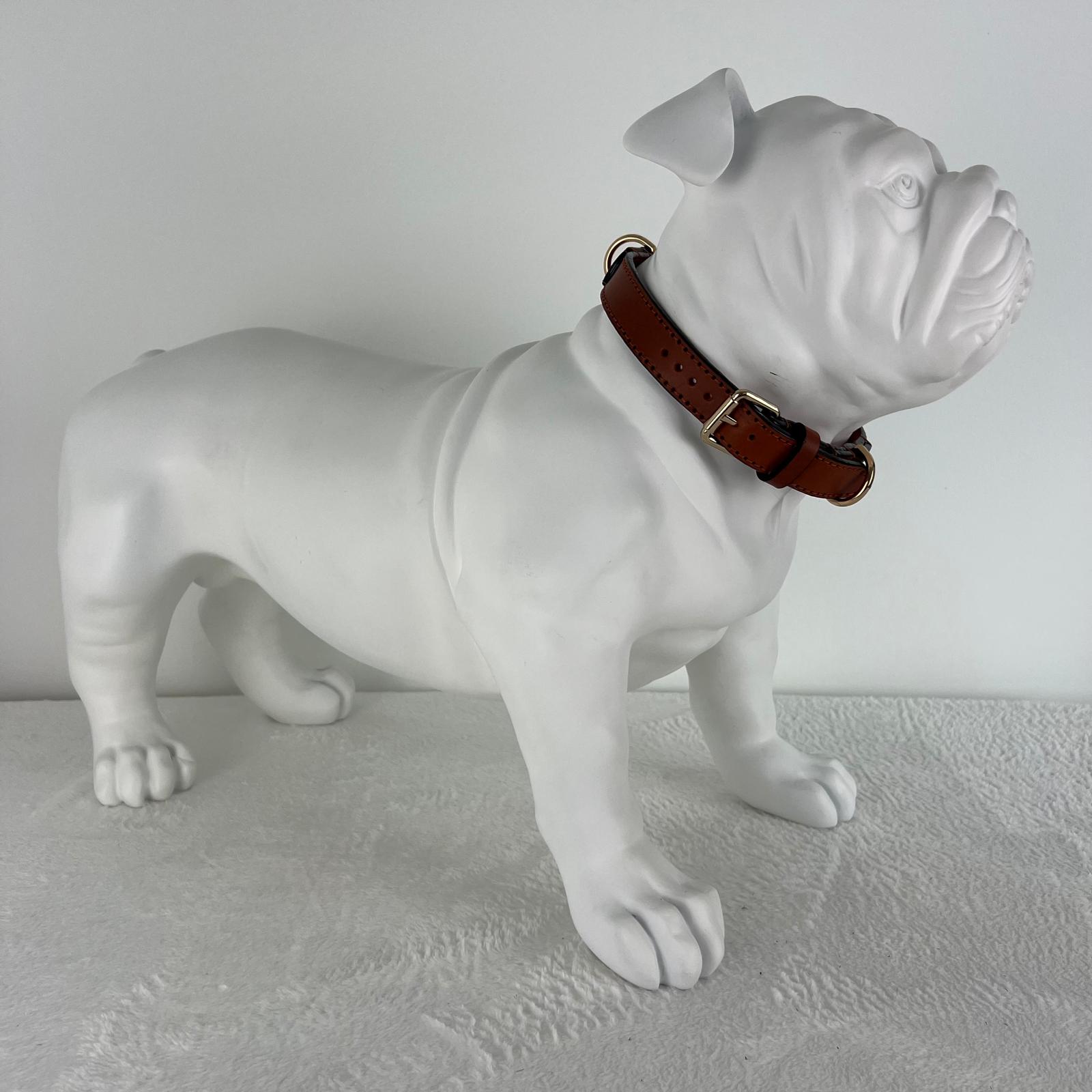 English Bulldog mannequin wearing a size XL cognac brown full-grain leather dog collar